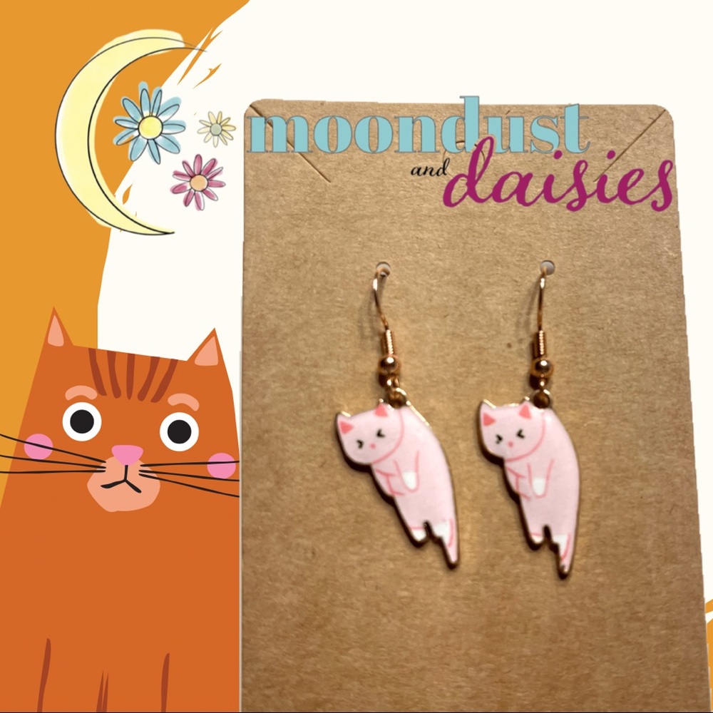 Pink hanging cat earrings